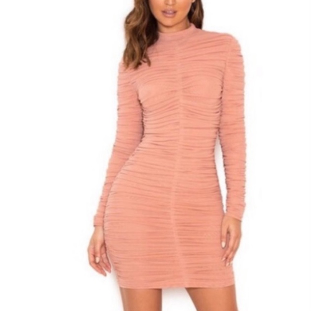 House of CB London Soleil Nude Dusty Pink Ruched Long Sleeve Dress Size …